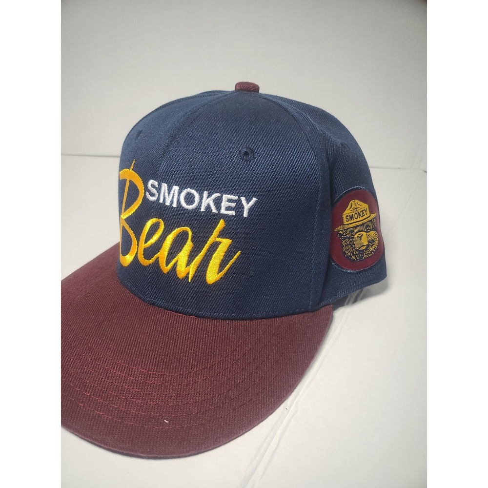Smokey Bear Hat Navy Burgundy Snapback Cap Embroidered Forest Fire Mascot